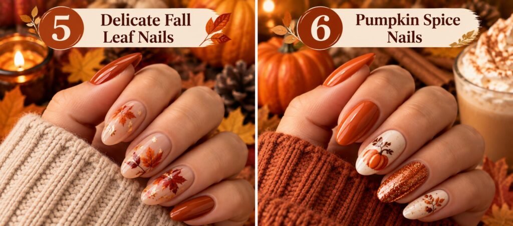 5. delicate fall nails
6.pumpkin spice nails