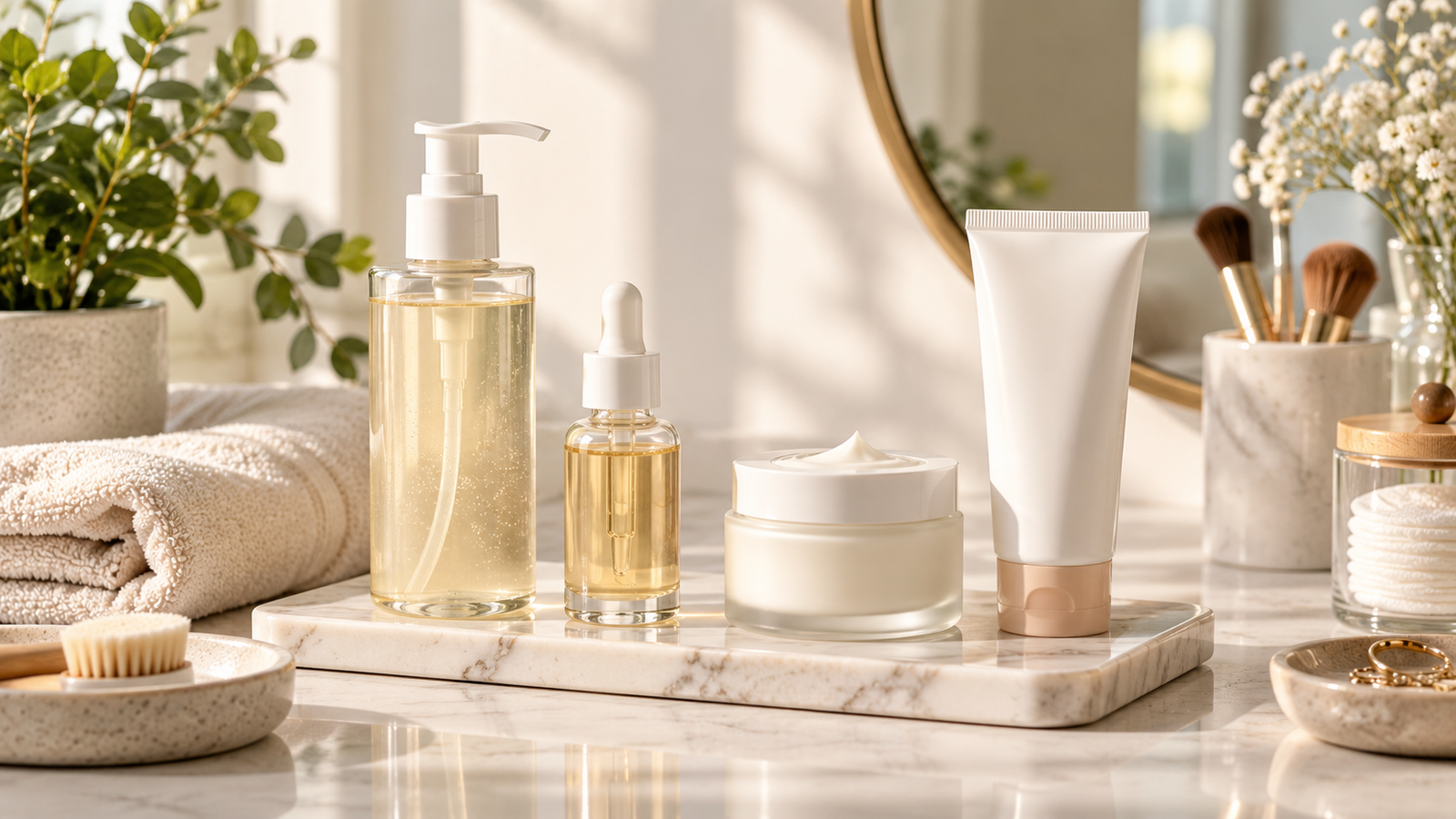 Beginner skincare routine for your skin type with cleanser, serum, moisturizer, and sunscreen