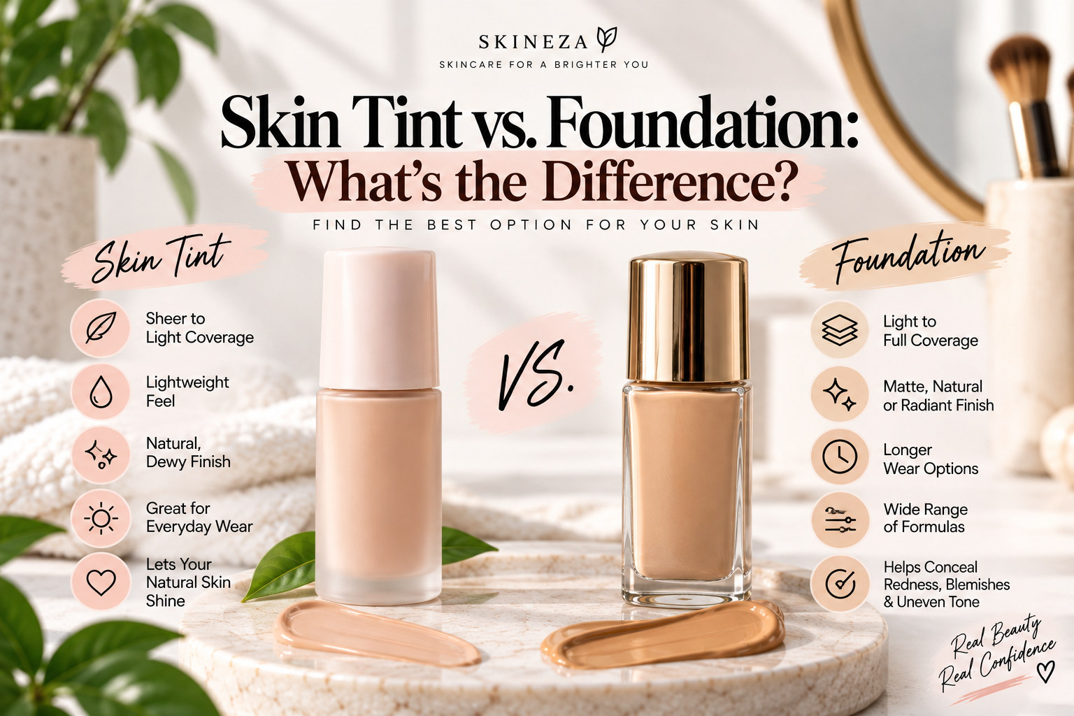 Skin tint vs foundation comparison showing the differences in coverage, finish, texture, and everyday makeup use