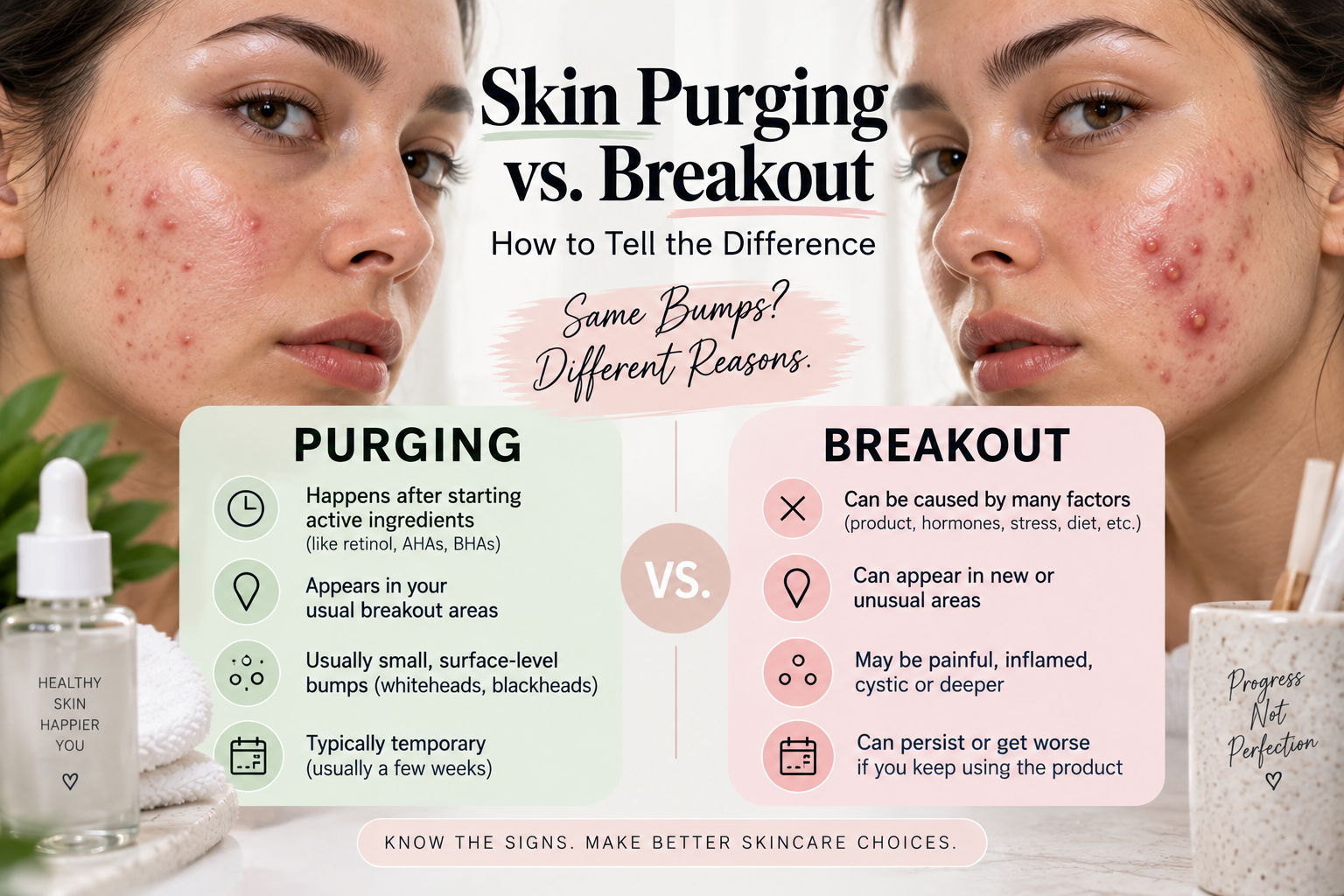 Skin purging vs breakout comparison showing how to tell the difference between purging, acne breakouts, and skincare irritation