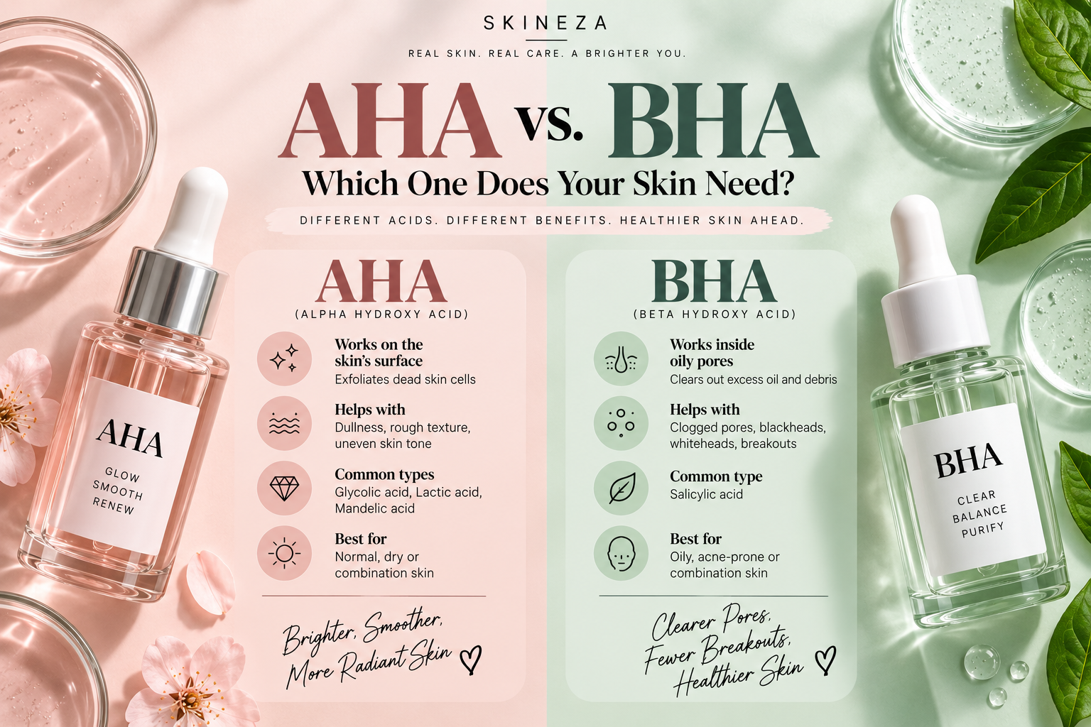 AHA vs BHA skincare comparison showing which exfoliating acid may suit different skin concerns
