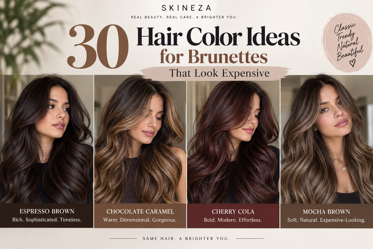 Hair color ideas for brunettes featuring chocolate brown, espresso, caramel, chestnut, and dimensional brunette shades