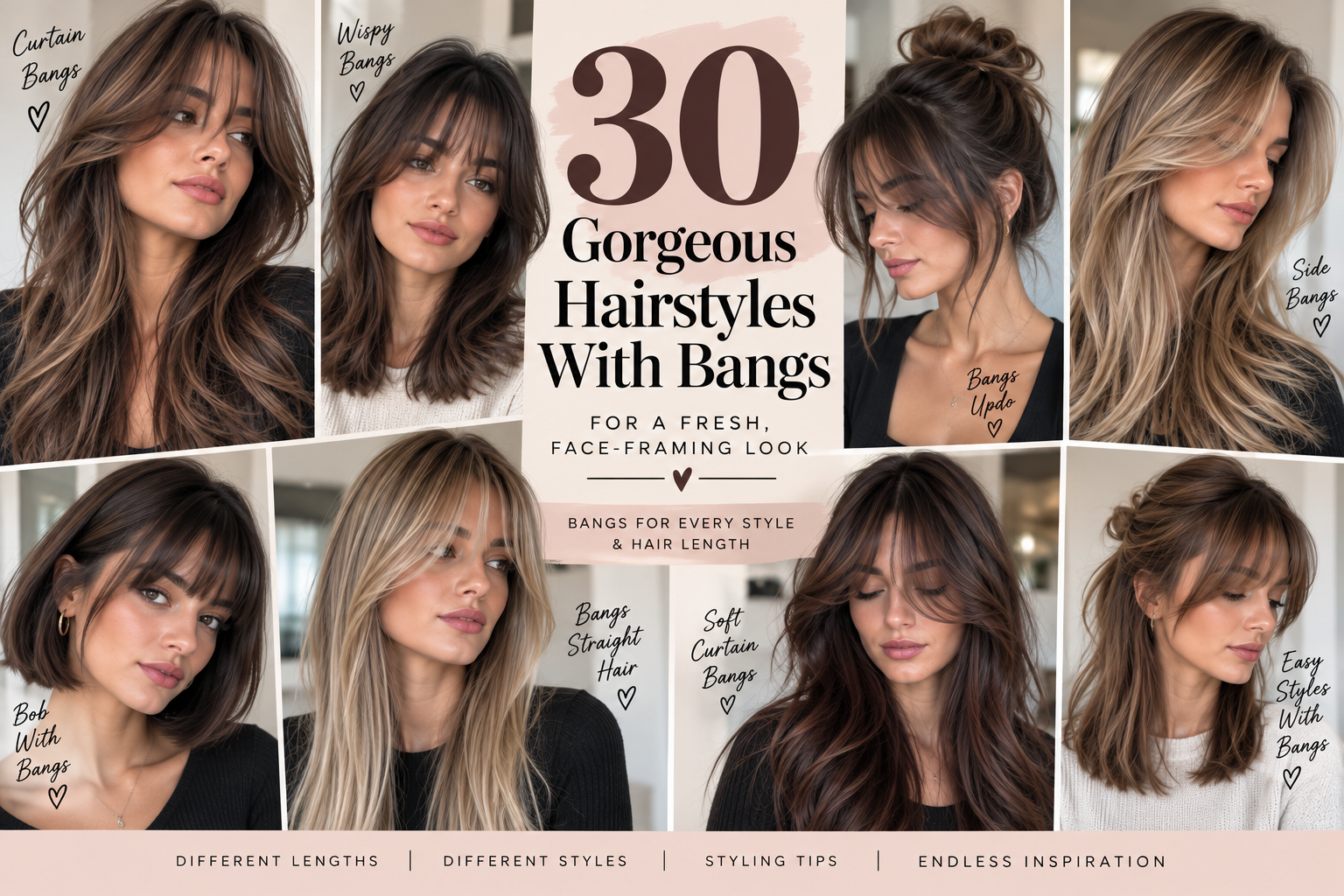 Hairstyles with bangs featuring curtain bangs, wispy bangs, side bangs, soft curtain bangs, layered hair, bobs, and updos