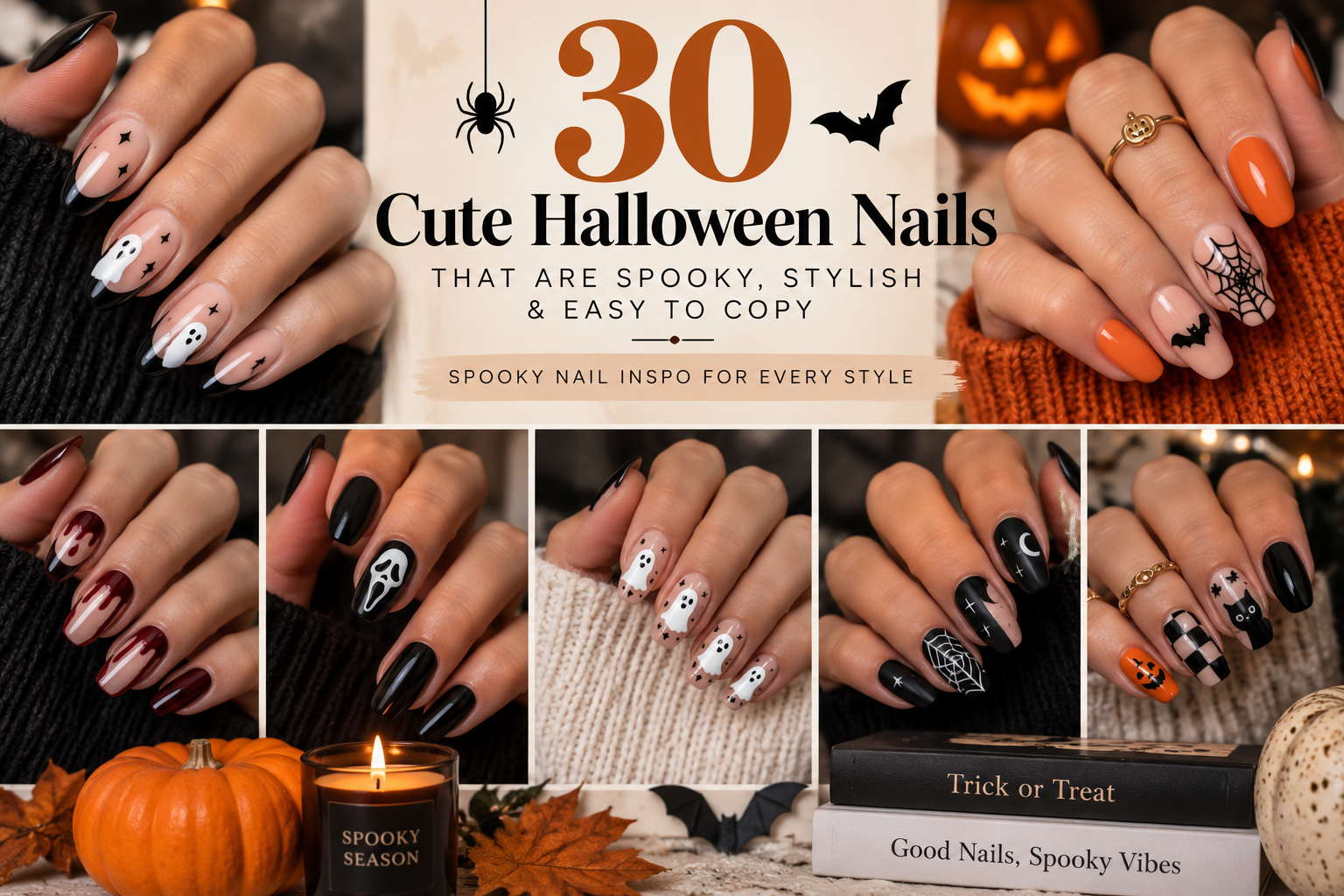 Halloween nail ideas featuring cute ghost nails, spooky nail art, pumpkins, spiderwebs, black French tips, and short Halloween nail designs