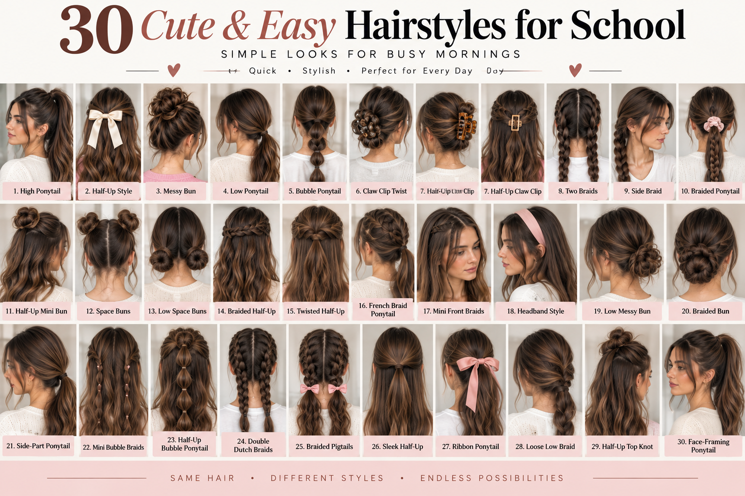 Easy hairstyles for school featuring ponytails, braids, buns, claw clip styles, half-up hairstyles, and cute everyday hair ideas