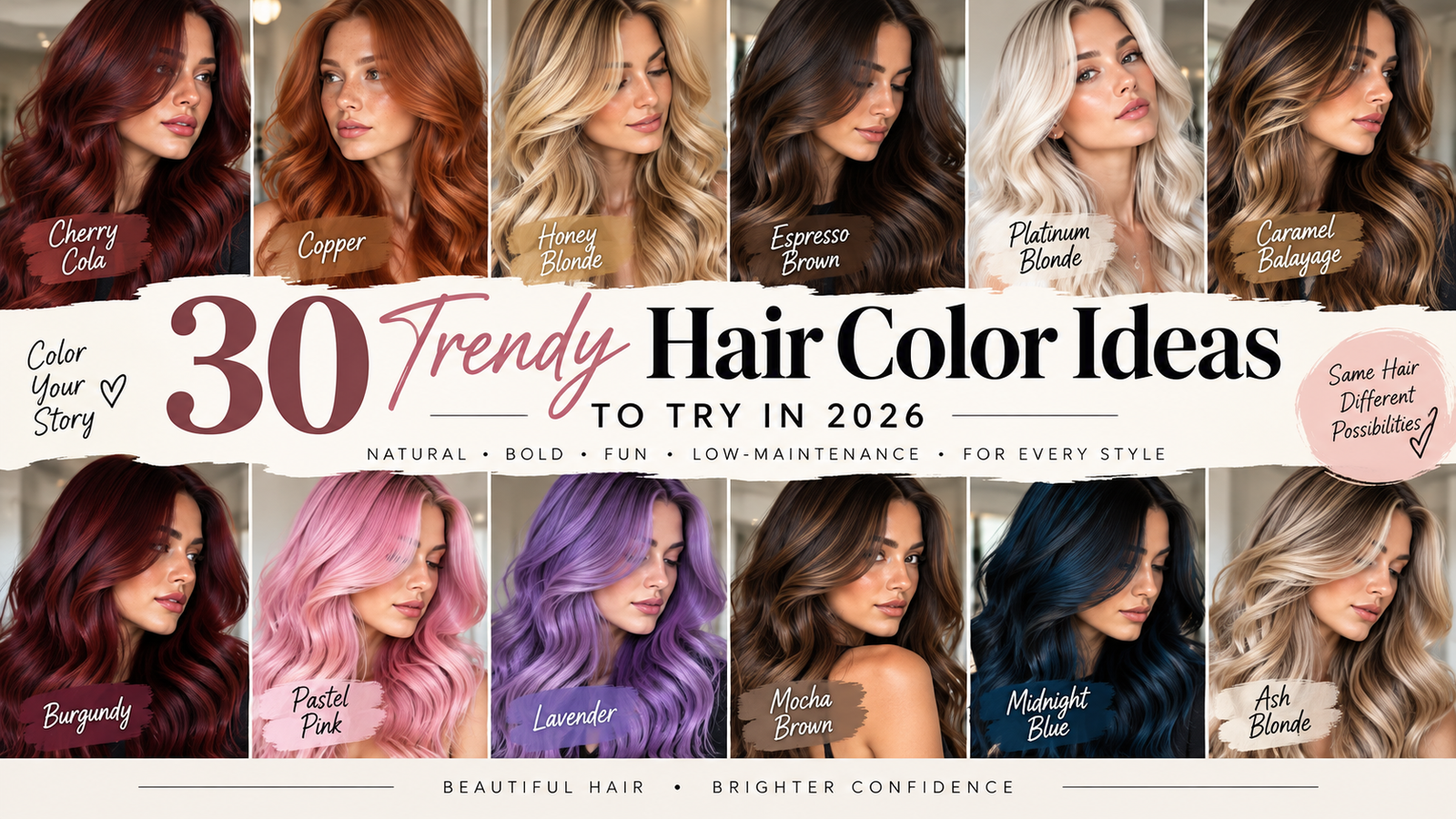 Trendy hair color ideas for 2026 featuring cherry cola, copper, honey blonde, espresso brown, platinum blonde, pastel pink, lavender, and midnight blue