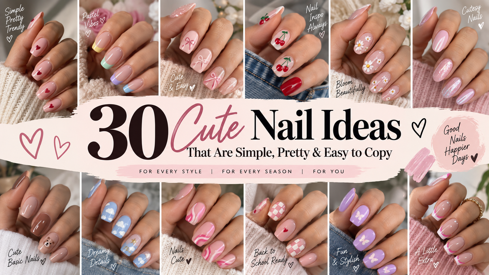 Cute nail ideas featuring pastel French tips, hearts, bows, cherries, flowers, clouds, pink swirls, butterflies, and simple nail designs
