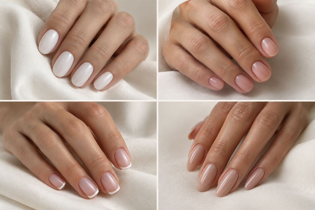 A close-up manicure collage showcasing four elegant nail designs with glossy finishes and soft neutral colors. An ivory fabric background complements the understated styling.