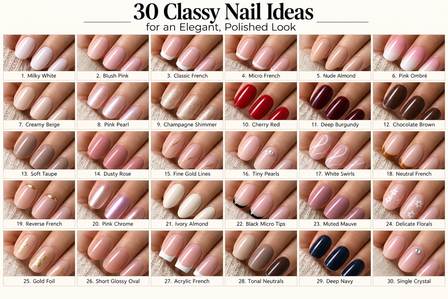 Collage of 30 labeled classy nail ideas, including French tips, nude almond nails, burgundy polish, pearl accents, and gold details.