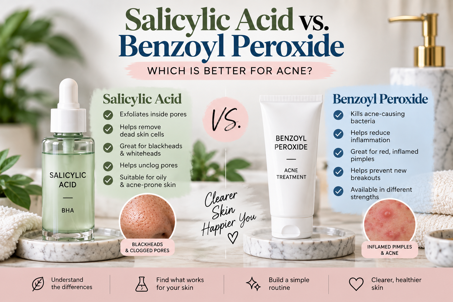 Salicylic acid vs benzoyl peroxide comparison for clogged pores, blackheads, whiteheads, inflamed pimples, and acne-prone skin