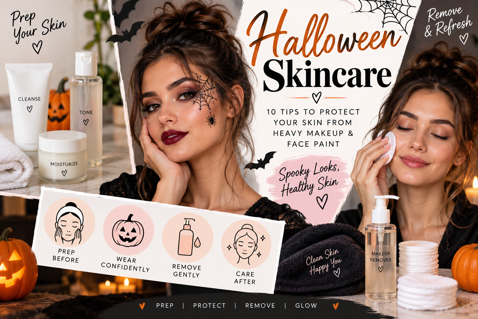 Halloween skincare tips for preparing skin, wearing heavy Halloween makeup, removing face paint gently, and caring for skin afterwar