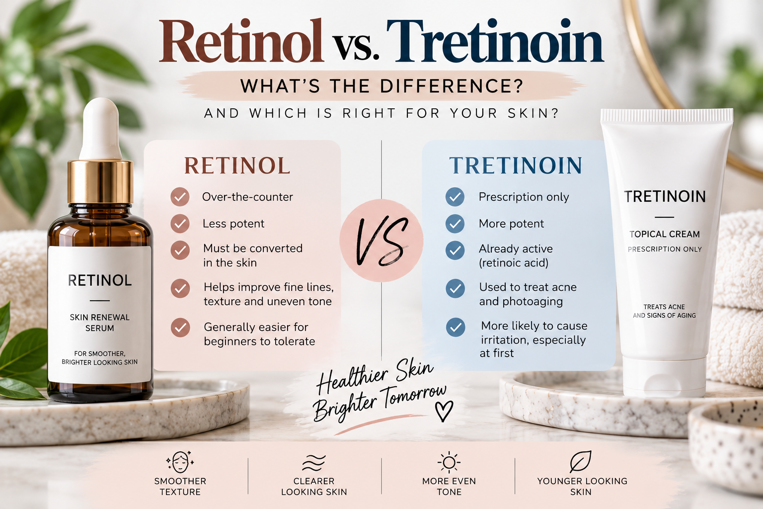 Retinol vs tretinoin comparison showing differences in strength, availability, acne treatment, fine lines, skin texture, and irritation