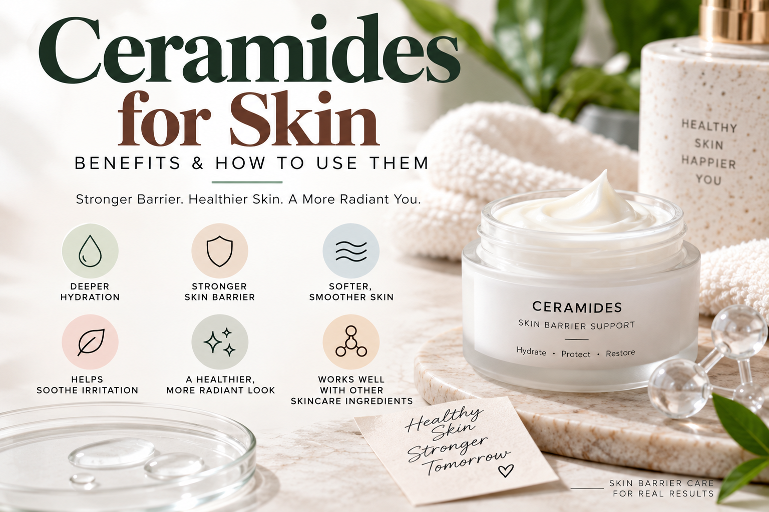 Ceramides for skin showing benefits for hydration, skin barrier support, smoother skin, and a healthier-looking complexion