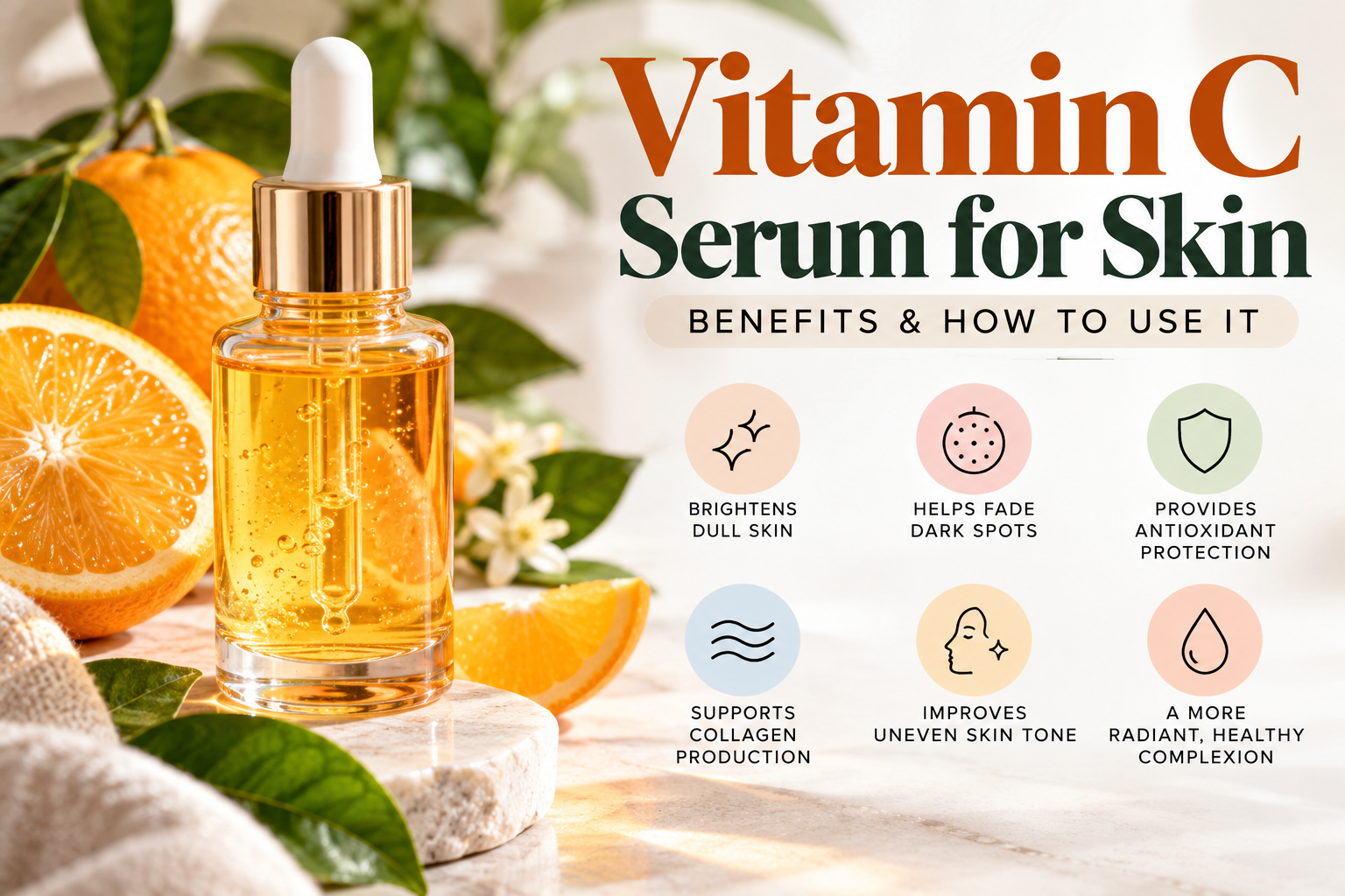 Vitamin C serum for skin showing benefits for dark spots, dull skin, antioxidant protection, collagen support, and uneven skin tone