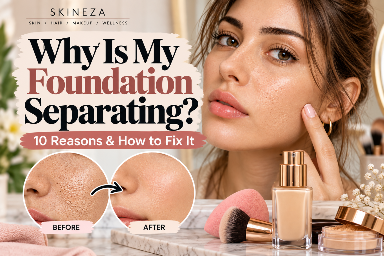 Foundation separating on the face with before and after examples showing how to fix patchy and uneven foundation