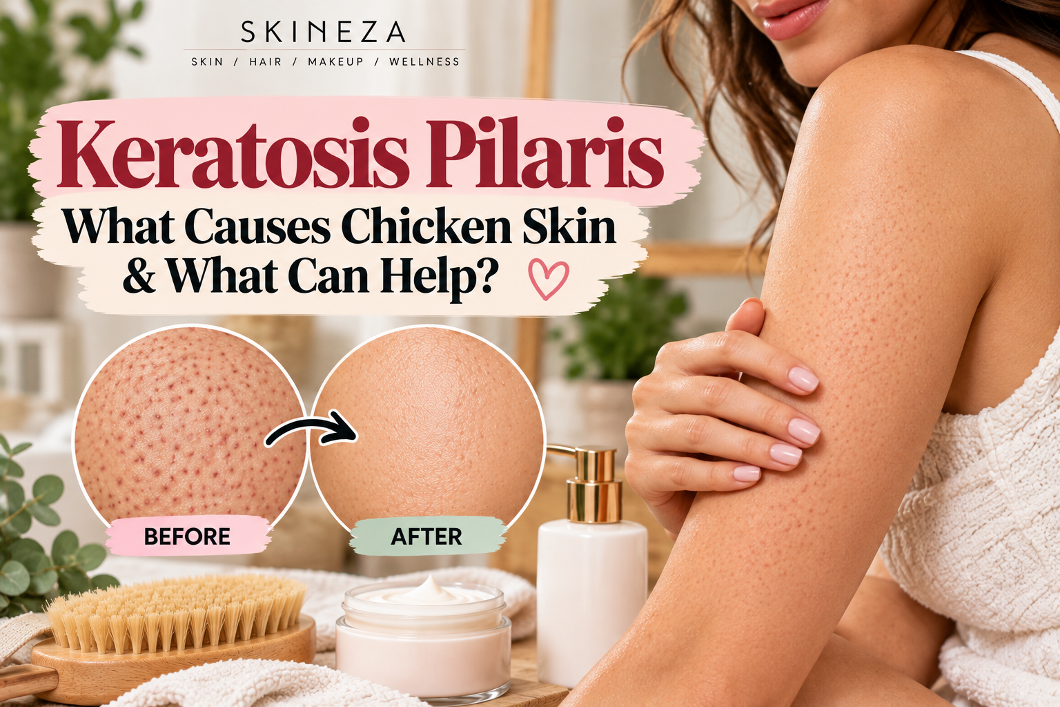 Keratosis pilaris on the upper arm with before and after examples of chicken skin bumps