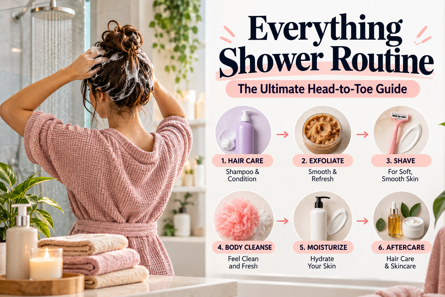 Everything shower routine showing the correct order for hair care, exfoliating, shaving, body cleansing, moisturizing, and aftercare