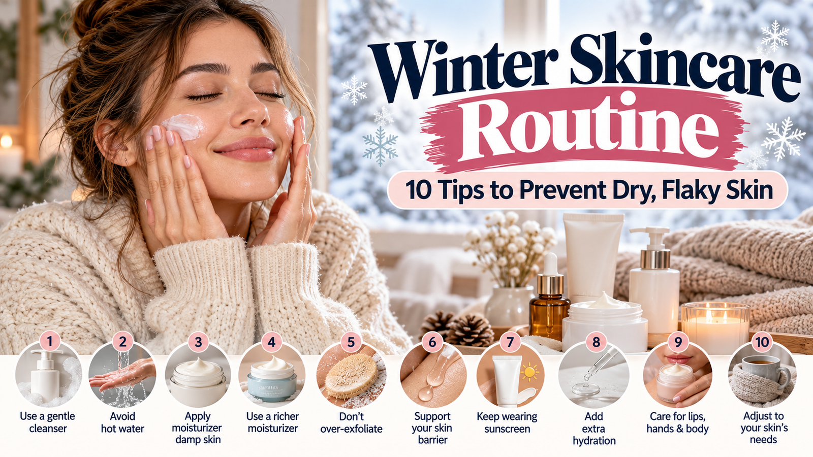 Winter skincare routine with 10 tips to help prevent dry, flaky skin and keep skin hydrated