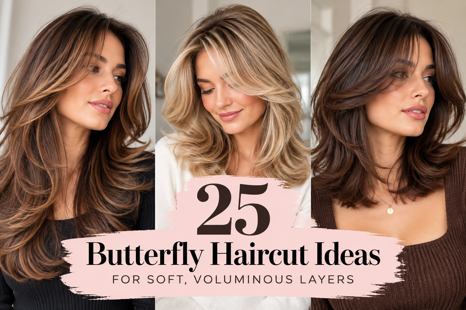 Butterfly haircut ideas featuring soft face-framing layers, curtain bangs, and voluminous hairstyles