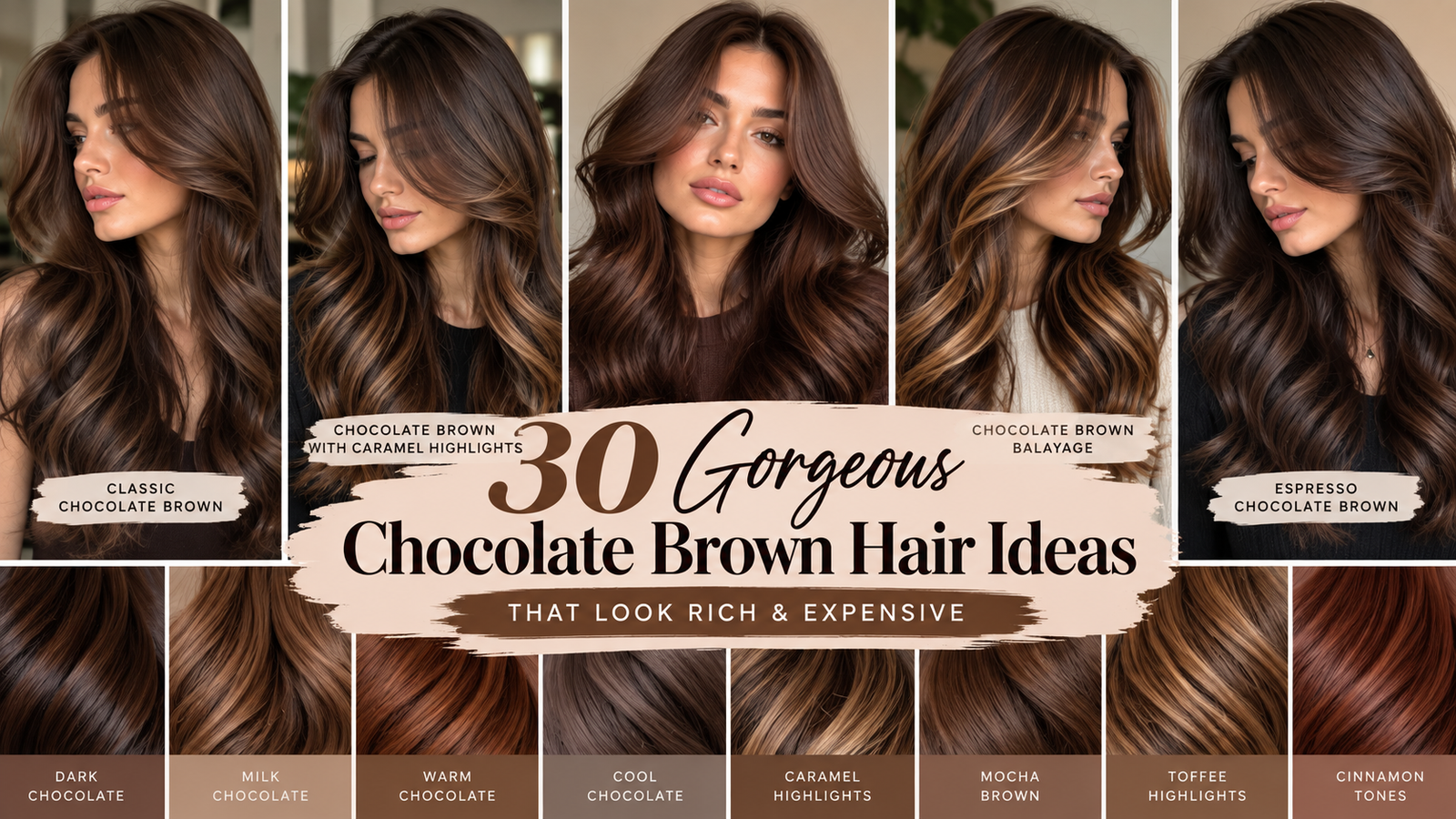 Chocolate brown hair ideas featuring rich brunette shades, dimensional highlights, and glossy layered hairstyles