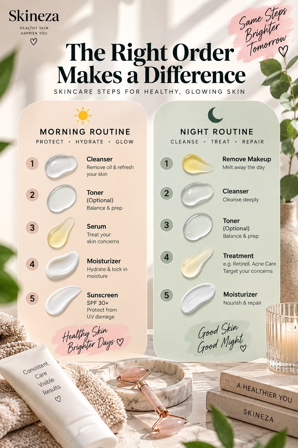Order to apply skincare products for morning and nighttime routines
