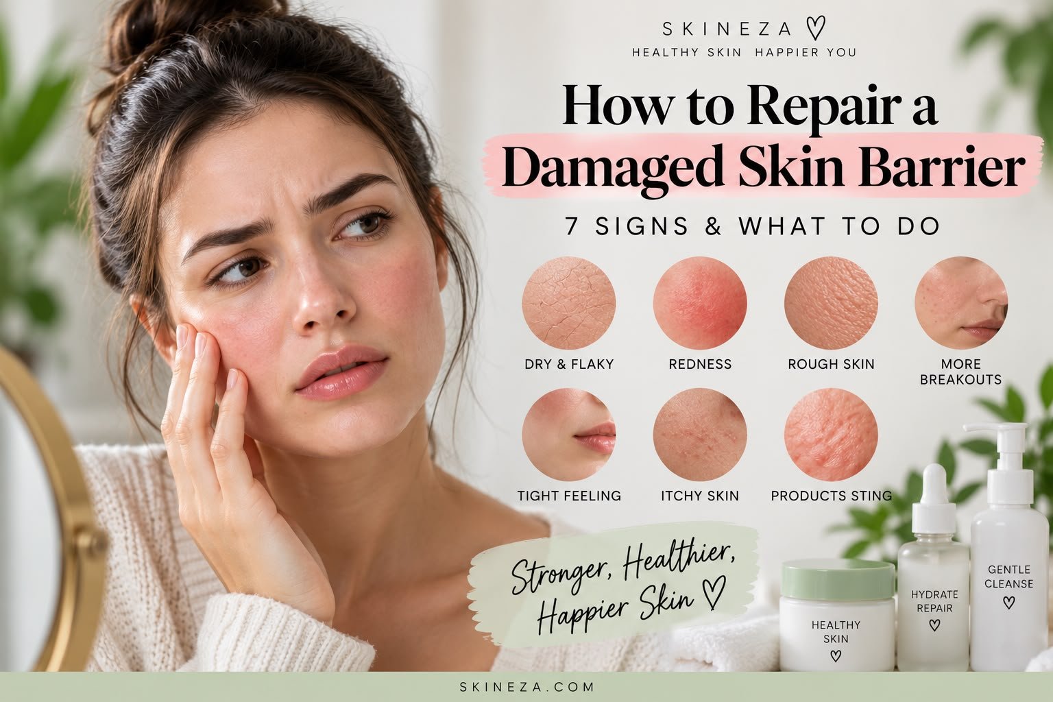How to repair a damaged skin barrier showing common signs including dryness, redness, rough skin, and irritation.