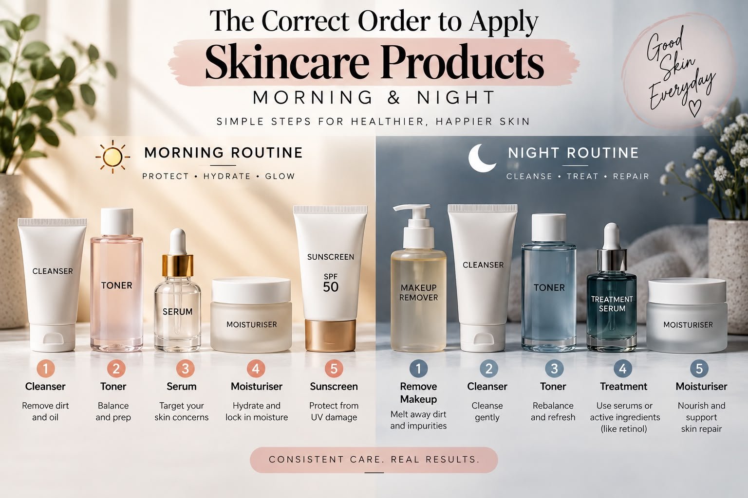 Correct order to apply skincare products for a morning and nighttime skincare routine
