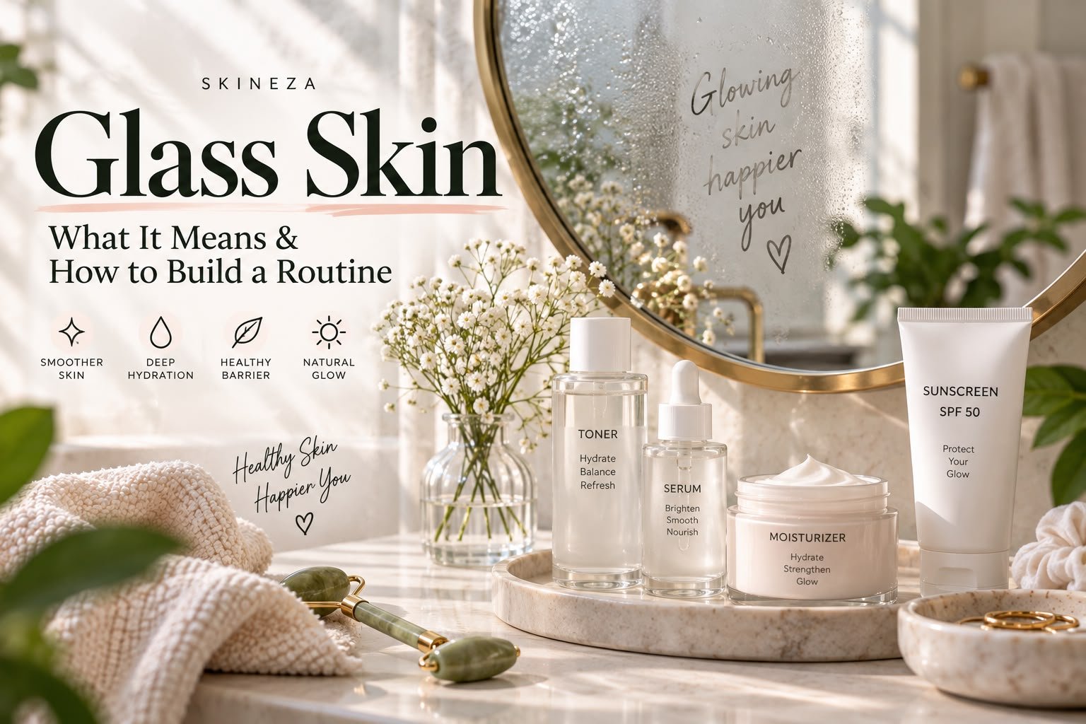 Glass skin routine showing gentle cleansing, hydration, moisturizer, serum, and daily sunscreen
