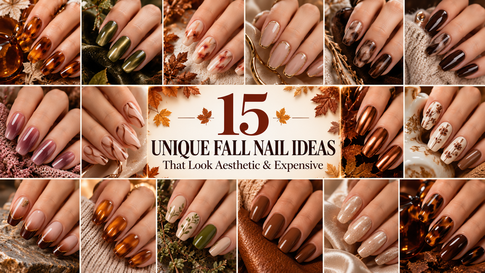 Fall nail ideas featuring 15 aesthetic autumn manicures, including amber glass, olive velvet, copper chrome, marble, botanical nail art, and tortoiseshell designs. Copy ALT