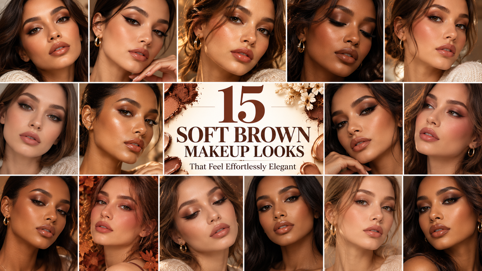 Soft brown makeup looks featuring 15 elegant beauty styles with mocha eyeshadow, espresso eyeliner, chocolate soft glam, bronzed skin, and glossy nude lips. Copy ALT