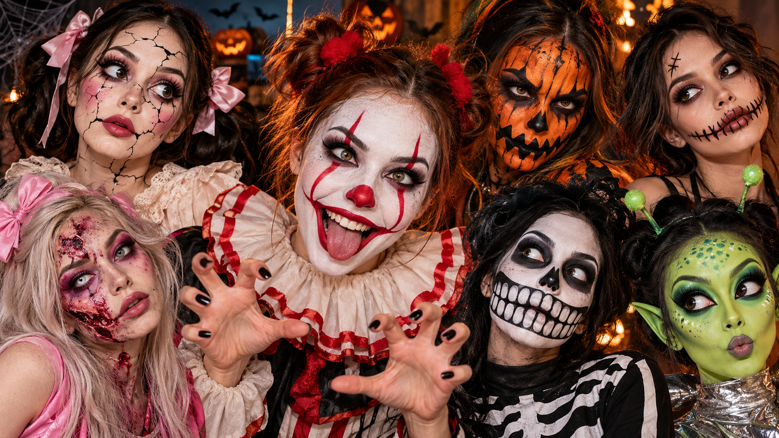 DIY Halloween makeup looks featuring a creepy clown, zombie doll, evil pumpkin, haunted puppet, cartoon skeleton, and scary alien face paint.