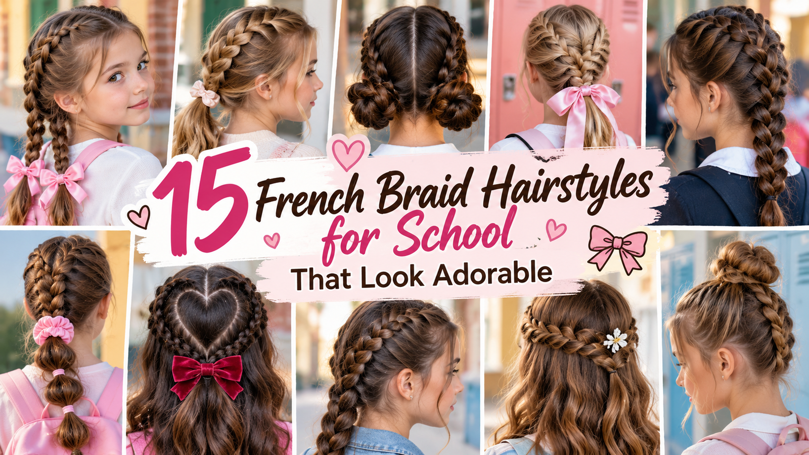 15 French braid hairstyles for school featuring cute double braids, braided ponytails, heart-shaped braids, braided buns, and ribbon hairstyles for girls.