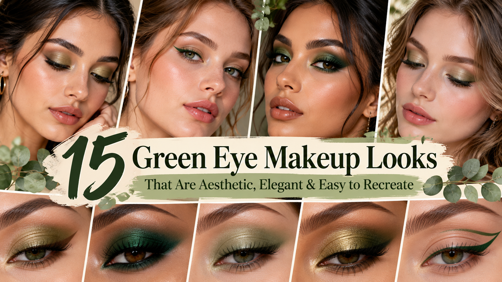 15 green eye makeup looks featuring olive green eyeshadow, emerald smoky eyes, sage green shimmer, and forest green eyeliner.