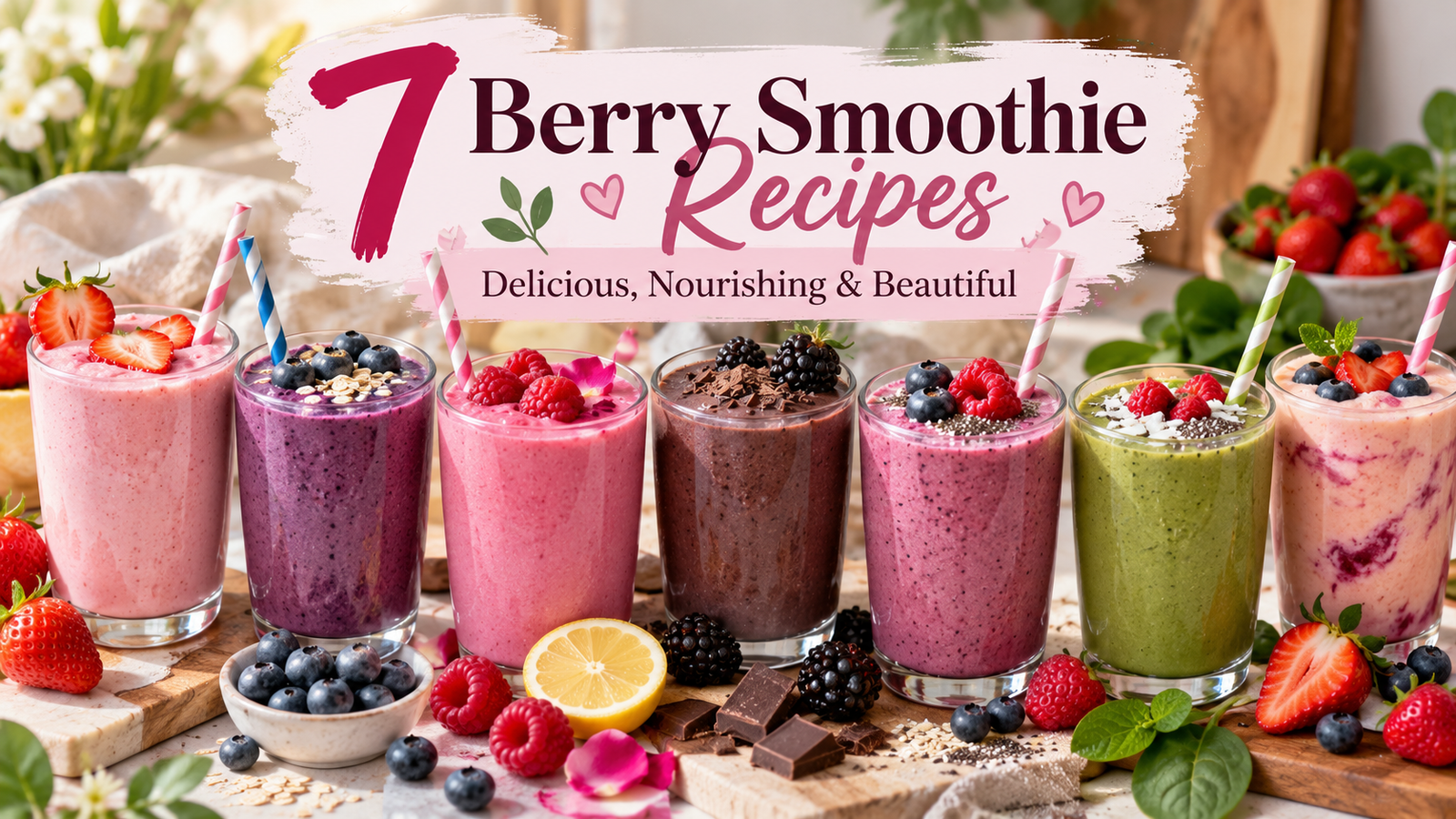 Seven colorful berry smoothies featuring strawberry, blueberry, raspberry, blackberry cocoa, and mixed berry flavors in glasses with fresh fruit garnishes.