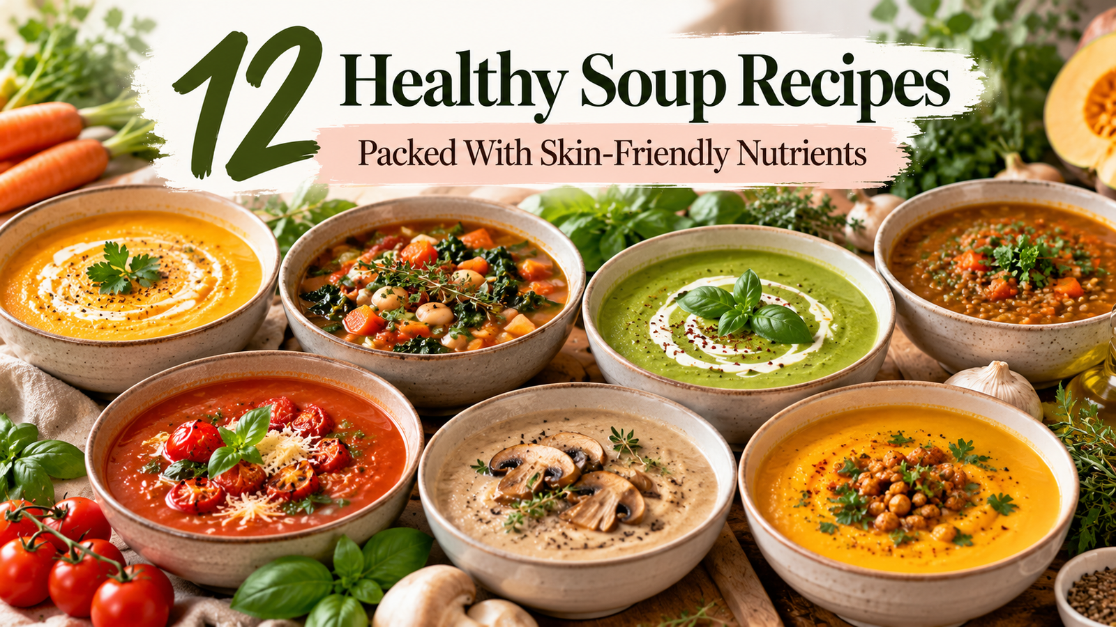 Healthy soup recipes featuring colorful vegetable, tomato, creamy spinach, mushroom, and lentil soups in rustic bowls with fresh herbs.