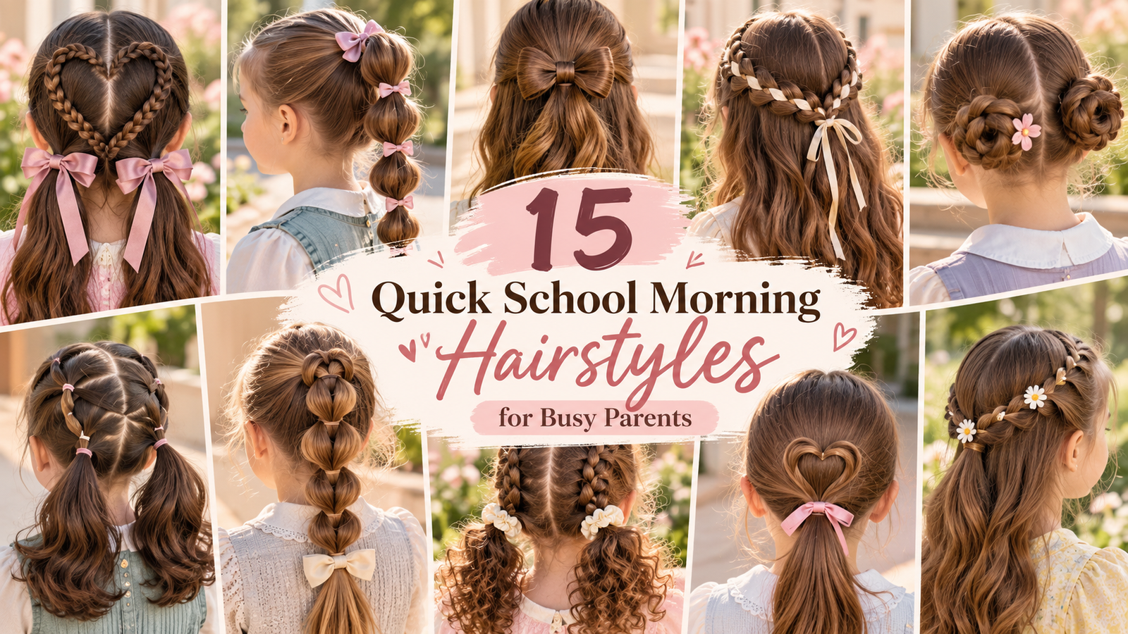 15 quick school morning hairstyles for girls featuring cute heart braids, bubble ponytails, ribbon hairstyles, braided buns, and easy school hair ideas.