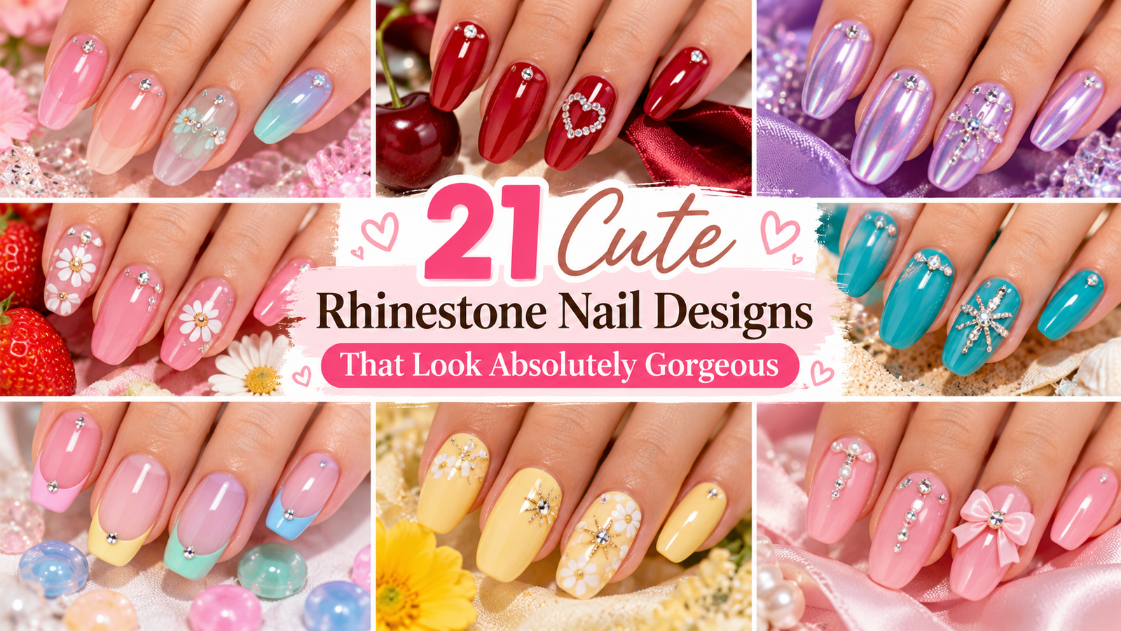 21 cute rhinestone nail designs featuring colorful pastel nails, cherry red crystals, lavender chrome, pink floral nails, turquoise rhinestones, and sparkling French tips.