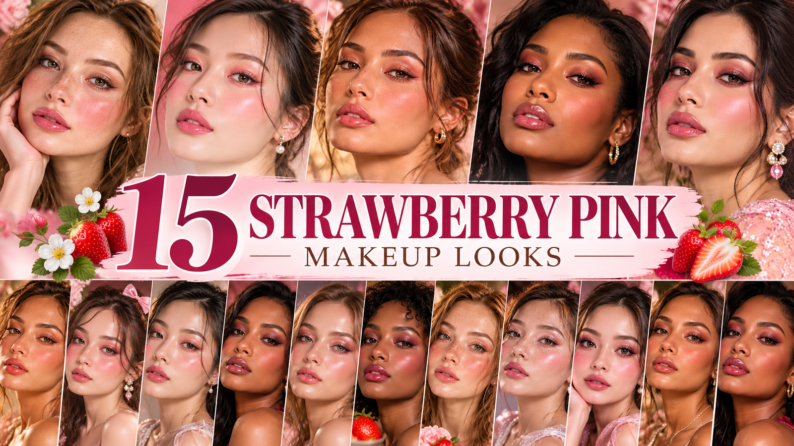 15 strawberry pink makeup looks featuring realistic beauty portraits, rosy blush, glowing skin, shimmering pink eyeshadow, and glossy strawberry lips.