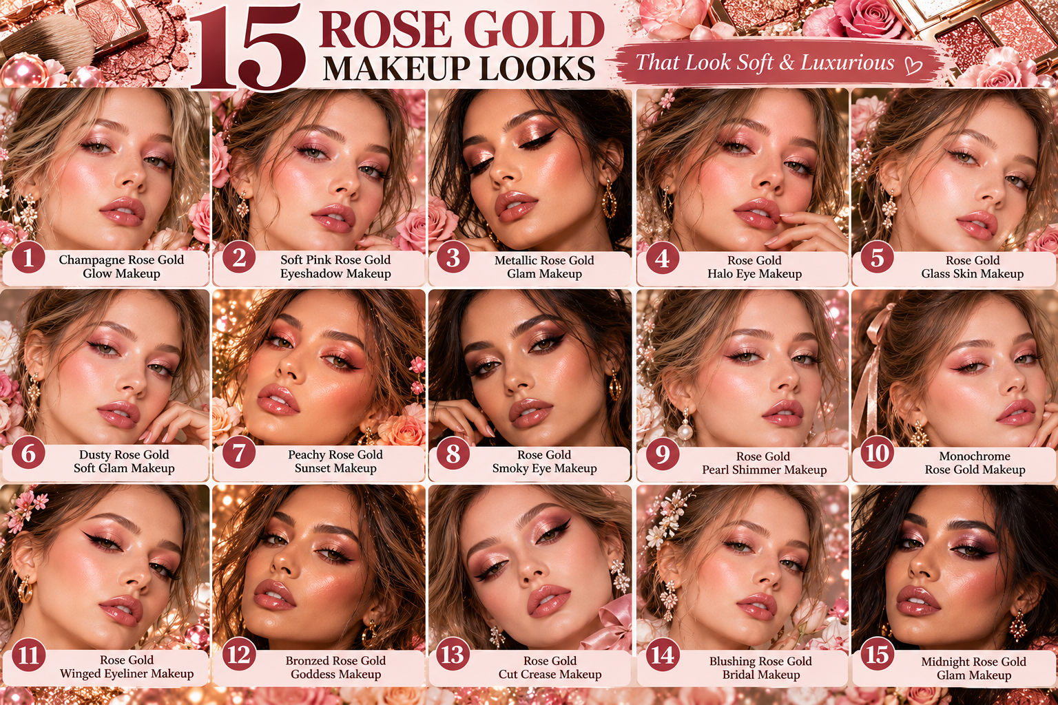 Collage of 15 rose gold makeup looks featuring champagne shimmer, soft pink eyeshadow, metallic rose gold glam, glowing skin, smoky eyes, and bridal makeup.