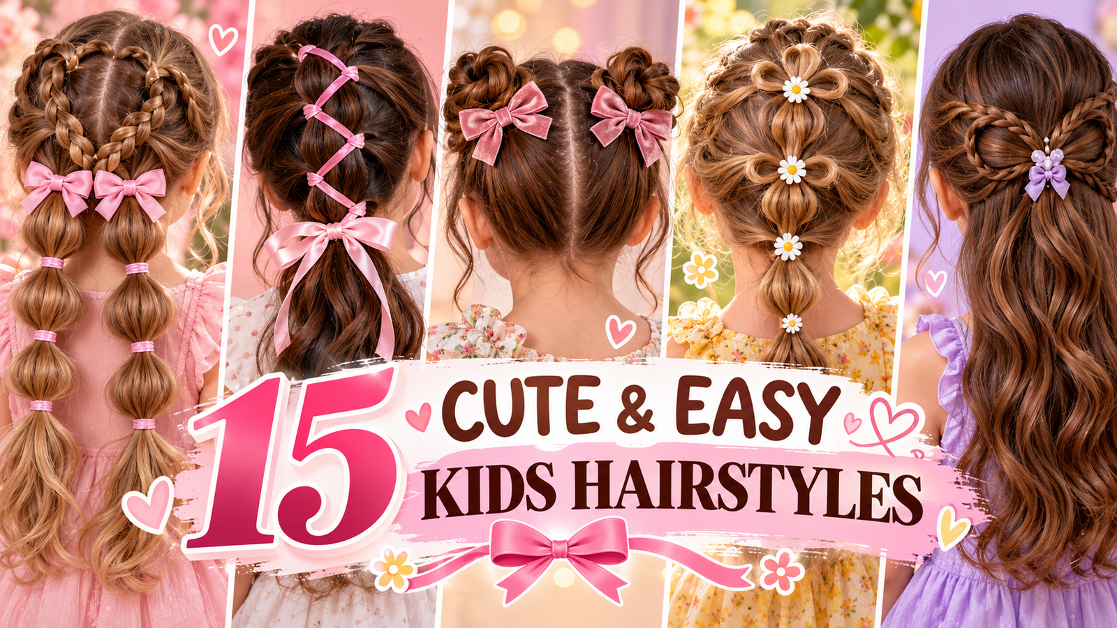 Five cute and easy kids hairstyles featuring heart bubble braids, crisscross ribbon ponytails, mini bow space buns, flower bubble braids, and butterfly half-up hair.