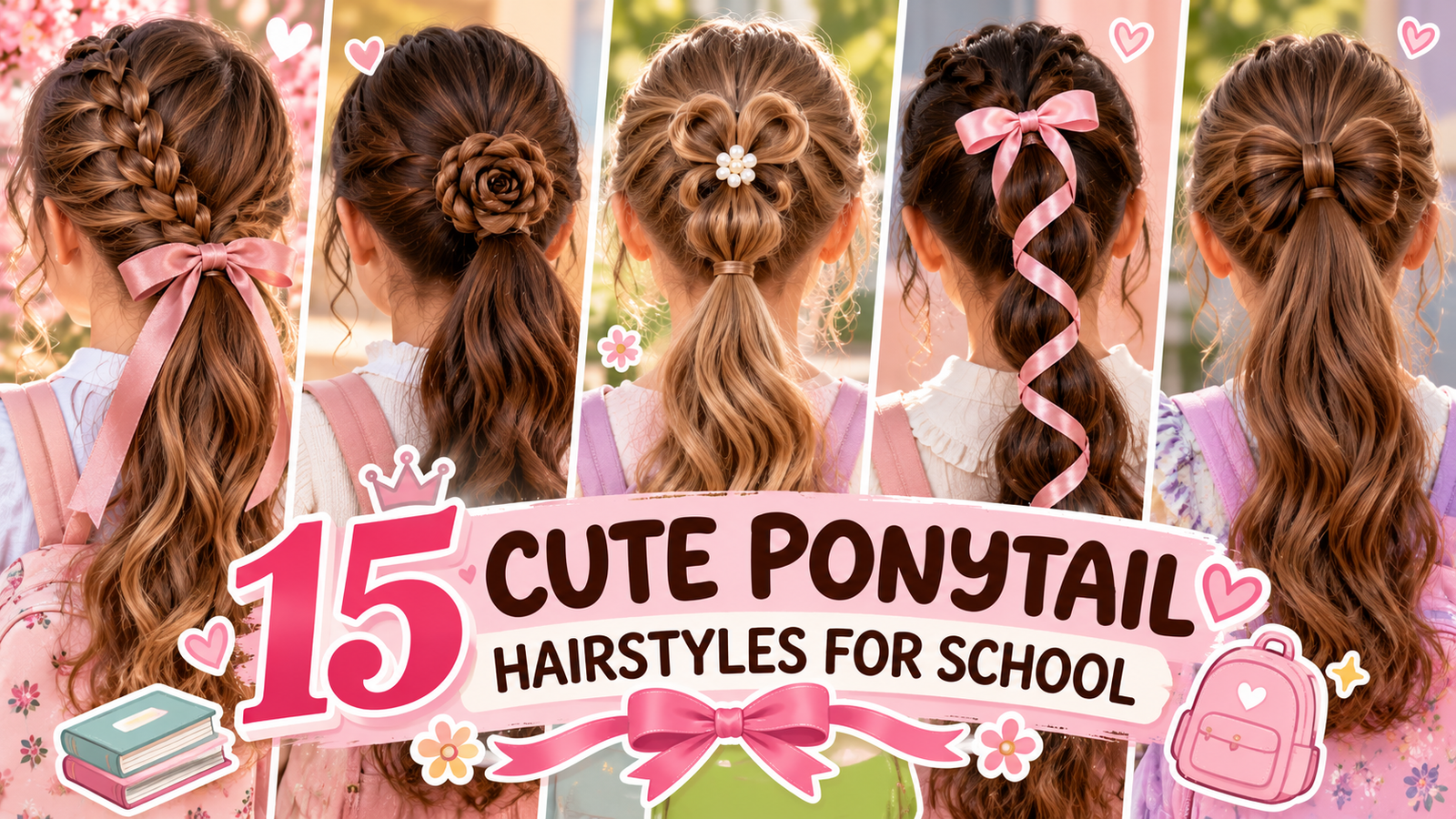 Five cute ponytail hairstyles for school featuring a diagonal braid, braided rosebud, looped ponytail, pink ribbon wrap, and hair bow ponytail.