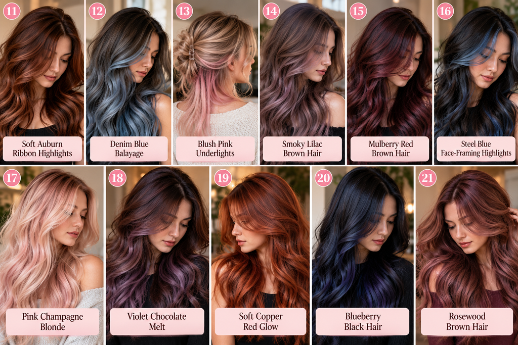 Hair color collage showing 11 subtle shades, including auburn, denim blue, blush pink, smoky lilac, mulberry red, steel blue, champagne blonde, violet chocolate, copper, blueberry black, and rosewood.