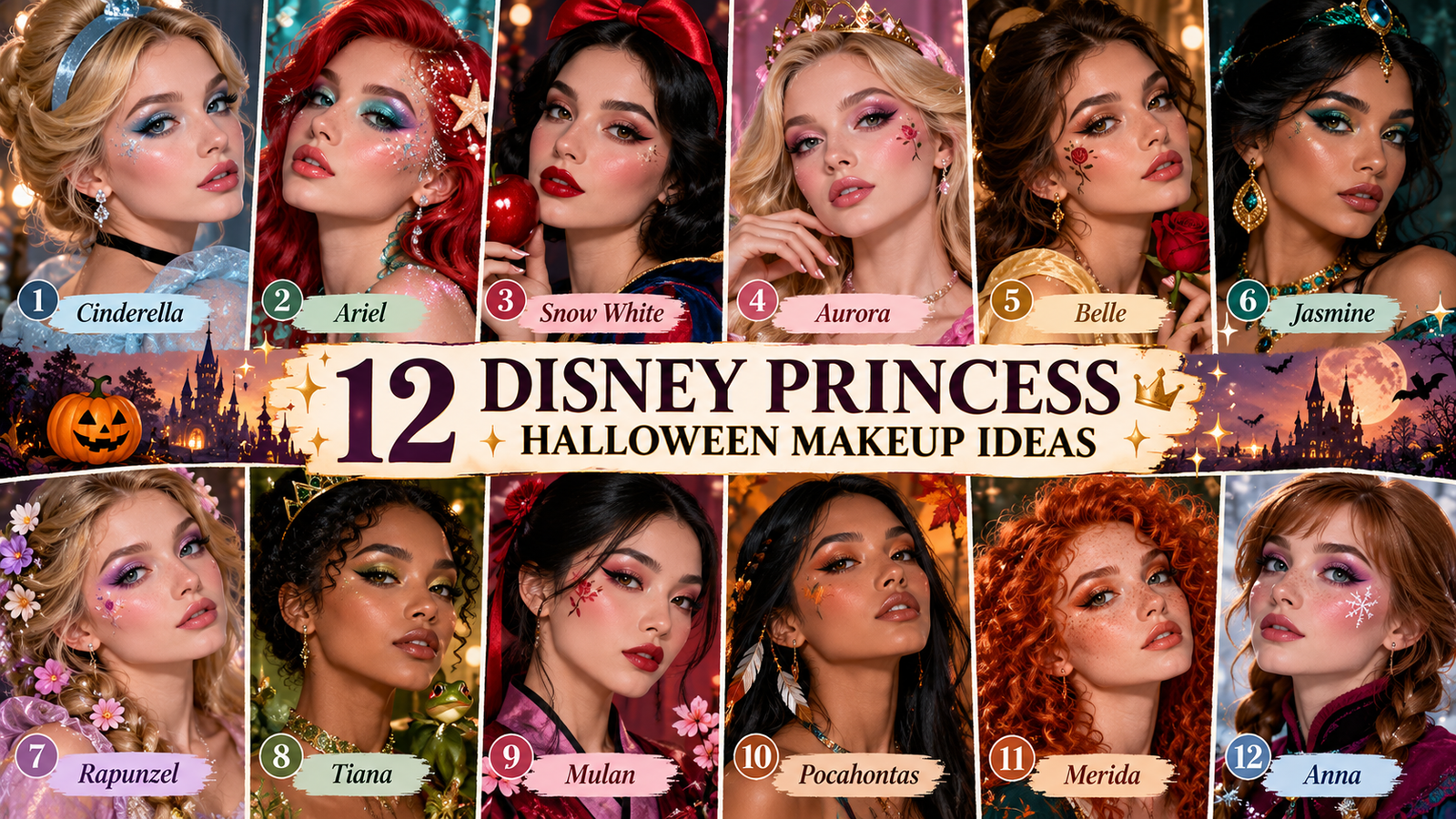 Collage of 12 Disney Princess Halloween makeup ideas featuring Cinderella, Ariel, Snow White, Aurora, Belle, Jasmine, Rapunzel, Tiana, Mulan, Pocahontas, Merida, and Anna.