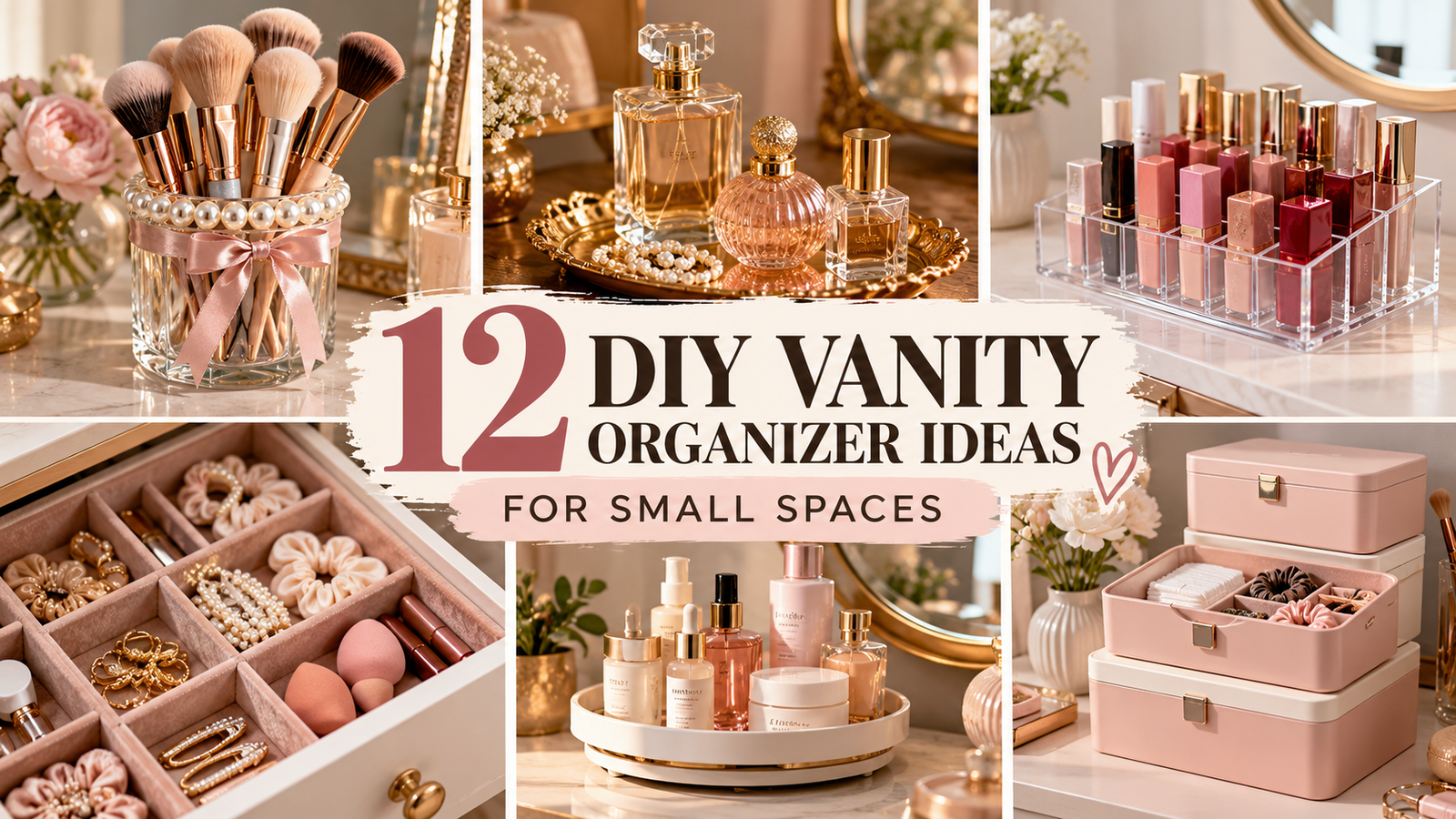 Collage of 12 DIY vanity organizer ideas for small spaces, featuring a pearl-trimmed makeup brush holder, vintage gold perfume tray, acrylic lipstick organizer, velvet drawer dividers, rotating skincare tray, and pastel storage boxes.