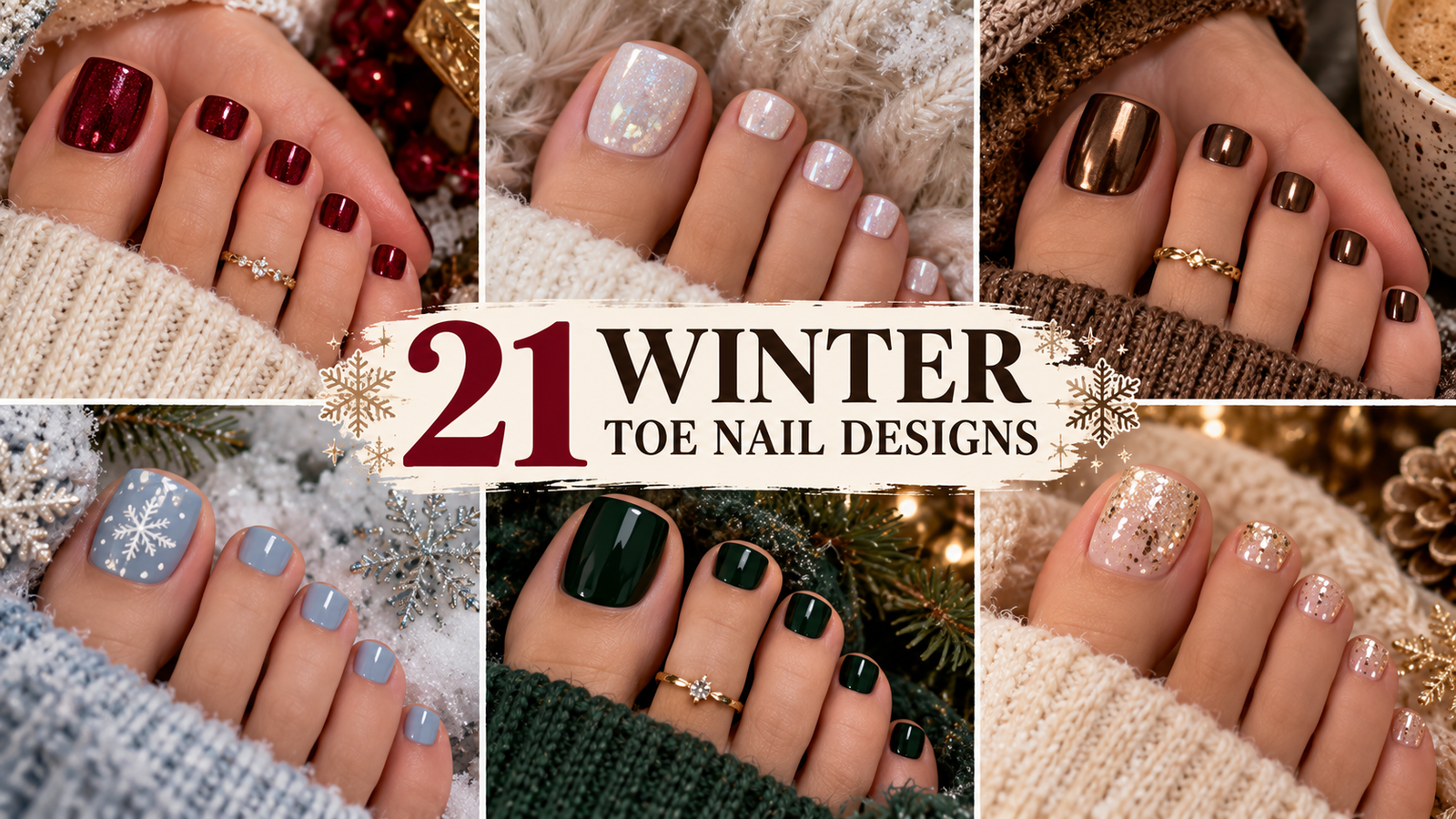 Collage of six winter toe nail designs featuring cherry red glitter, frosted pearl white, espresso chrome, icy blue snowflakes, forest green, and champagne glitter pedicures.