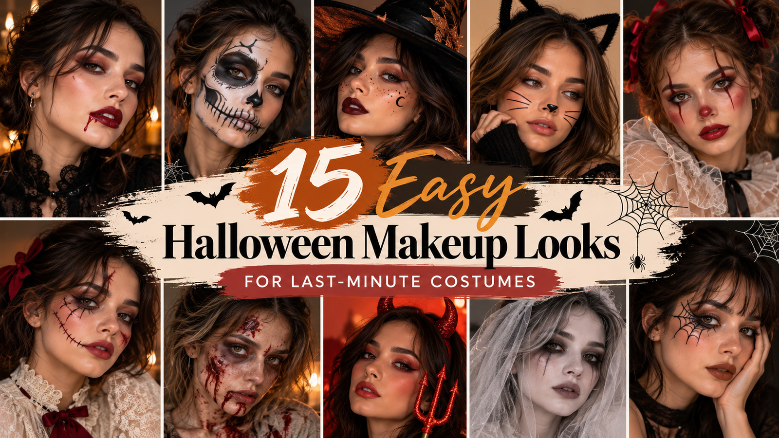 Easy Halloween makeup looks for last-minute costumes including vampire, skull, witch, cat, zombie, devil, and scary makeup