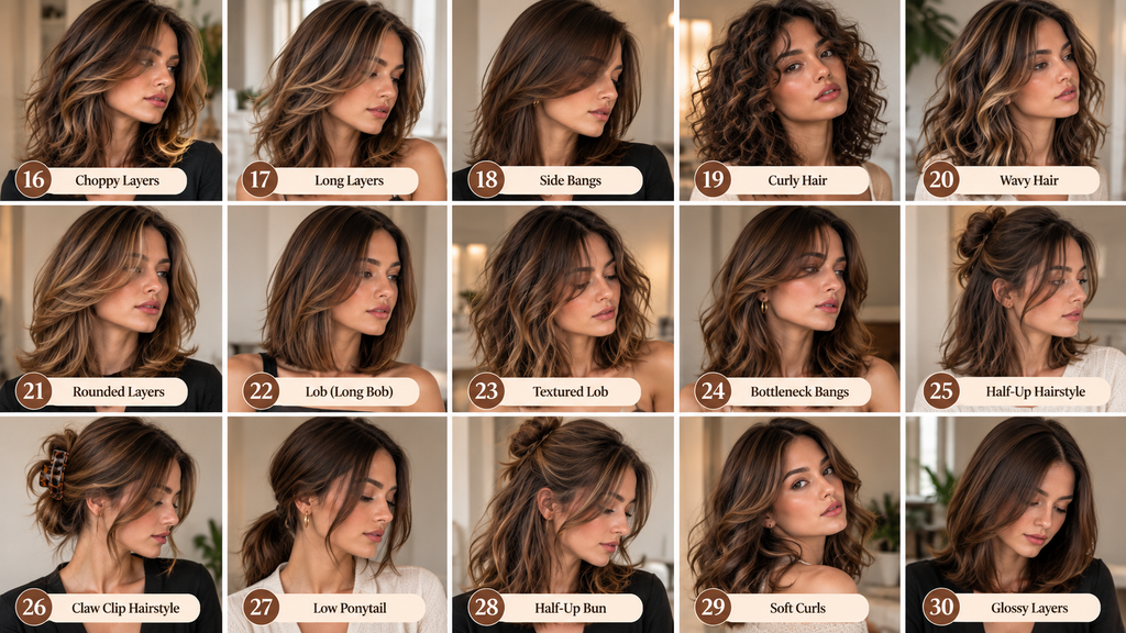 Medium length layered hairstyles featuring choppy layers, long layers, curls, waves, lobs, bangs, ponytails, and soft curls