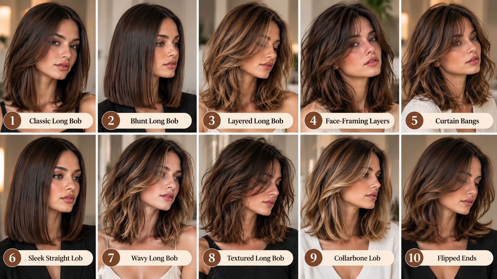 Long bob haircuts featuring blunt, layered, wavy, textured, sleek, and face-framing lob hairstyles