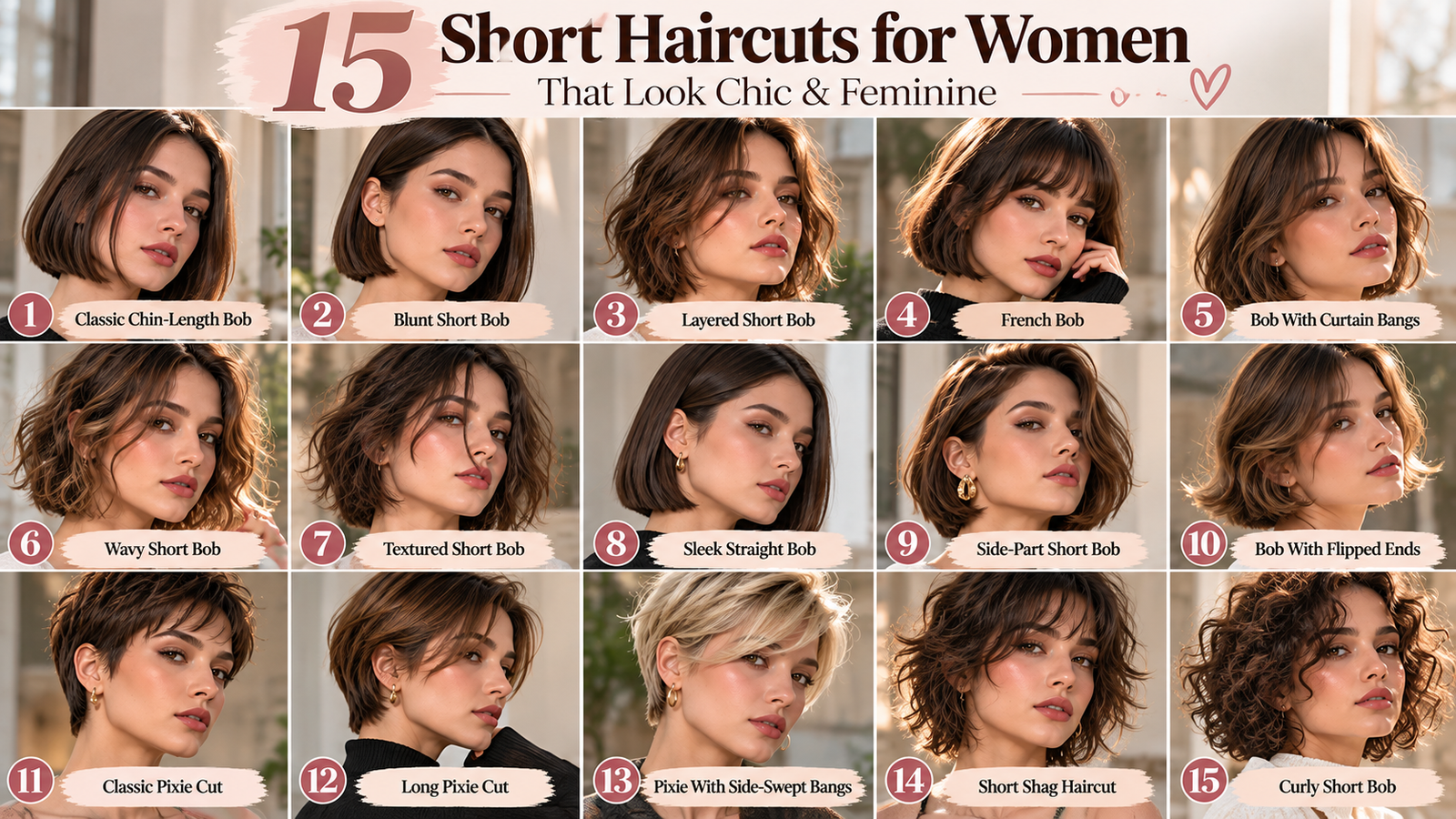 Short haircuts for women featuring chic bobs, pixie cuts, wavy styles, layers, bangs, and feminine short hairstyles