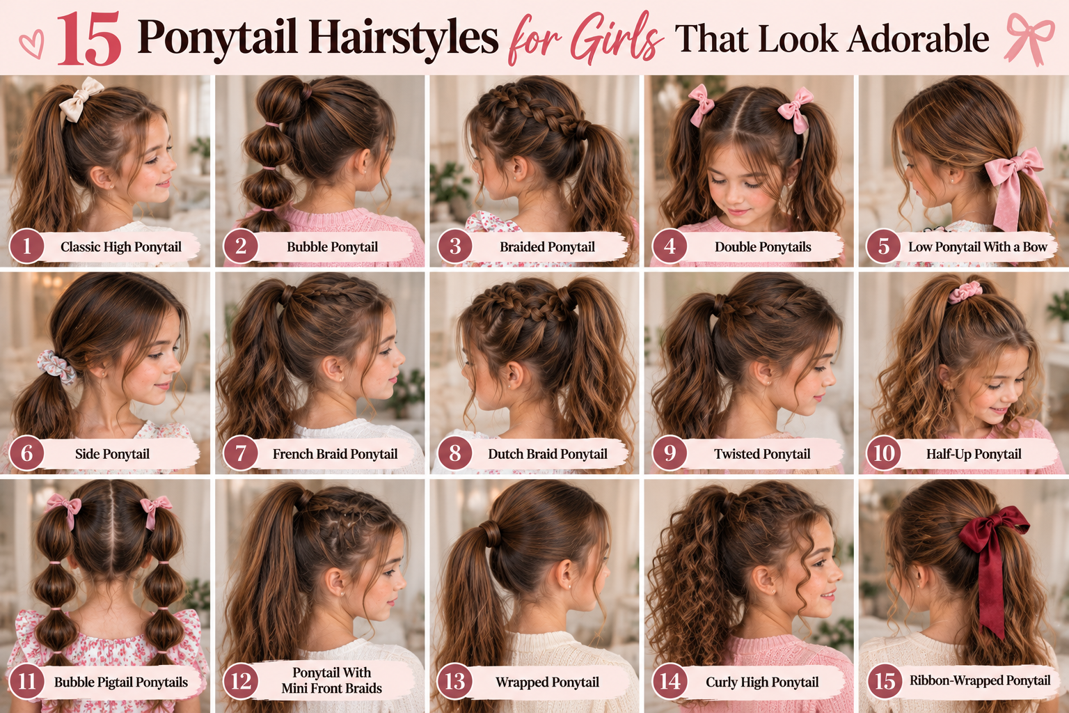 Ponytail hairstyles for girls featuring bubble ponytails, braids, bows, pigtails, curls, and cute easy styles